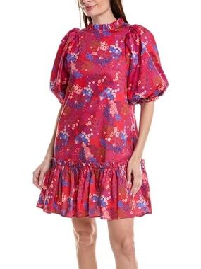 Tyler Boe Sammy Shift Dress Red Wild Flowers Puff Sleeve Tiered Cottage Mini